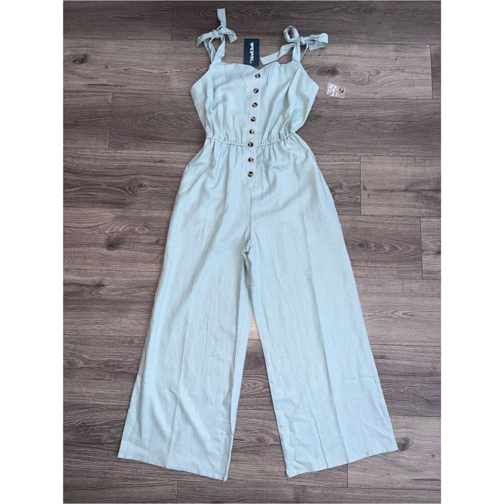 MODCLOTH Wide Leg Jumpsuit Medium Pastel Blue Linen Blend Boho Cottagecore NWT